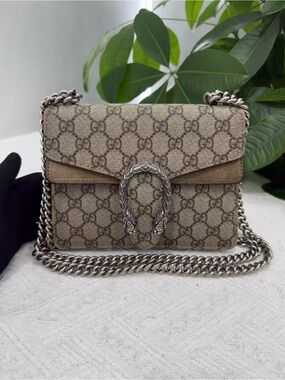 Gucci Brown GG Supreme Dionysus Shoulder Bag with Silver Hardware
